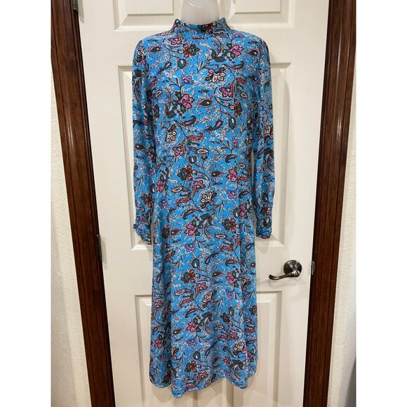 New LOFT Bouquet Mock Neck Midi Dress Blue Floral Print Long Sleeve Viscose Wome - Picture 6 of 10